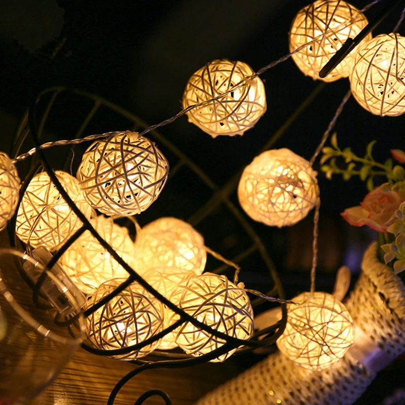 20 LEDs Rattan Ball String Lights AC & Battery Fairy Decoration Holiday Garland Led Christmas Globe outdoor Lighting | Лампы и