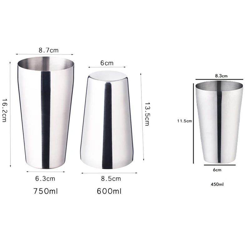 

Hot sale 9 pieces 450ml 600ml 750ml boston Double Vodka shaker bar tools bpa free Stainless steel 304 Whisky cocktail shakers