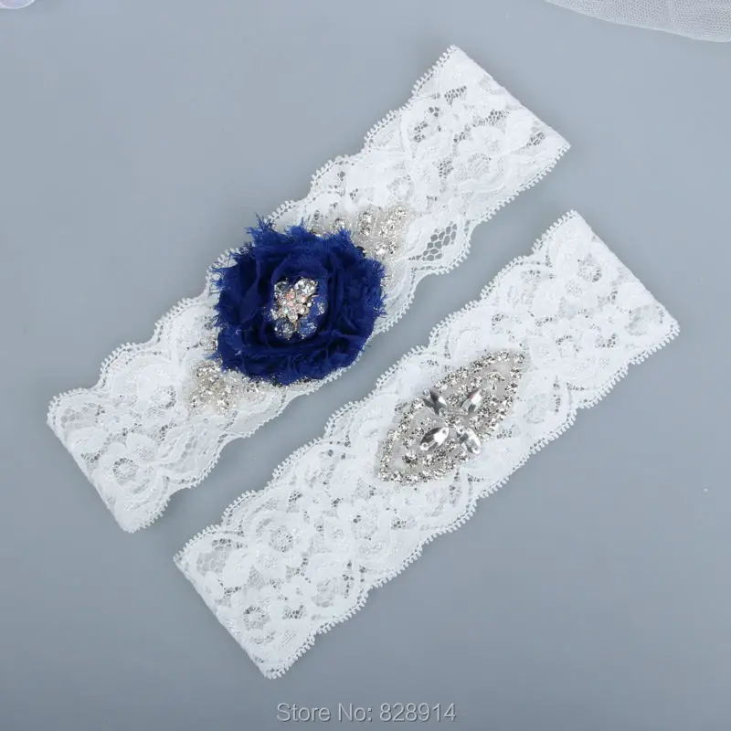 Luxury Crystal Rhinestones Beaded Stretched White Lace Bride Wedding Garter Sets With Navy Blue Shabby Flower Handmae
Luxury Crystal Rhinestones Beaded Stretched White Lace Bride Wedding Garter Sets With Navy Blue Shabby Flower Handmae