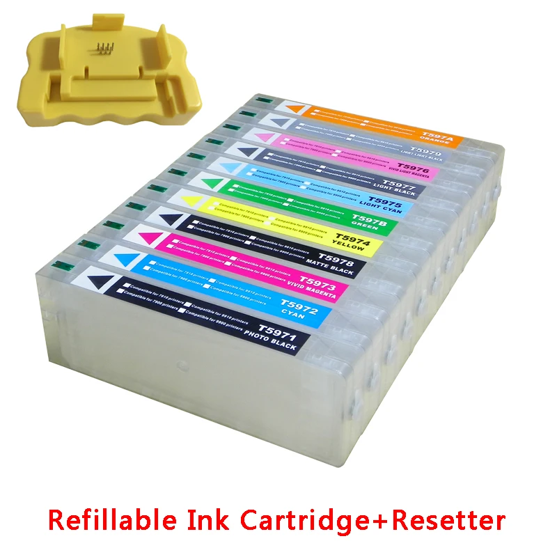 11pcs 700ml Refillable Cartridge With Resetter For Epson Large Format Stylus Pro 7900 9900 7910 9910 Printer With High Quality
11pcs 700ml Refillable Cartridge With Resetter For Epson Large Format Stylus Pro 7900 9900 7910 9910 Printer With High Quality