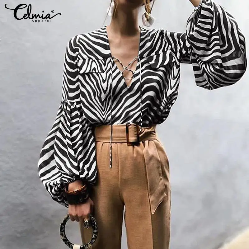 Celmia Summer Women Zebra Print Tops Shirts Casual Sexy V-Neck Lace Up Long Lantern Sleeve Blouses Plus Size Hollow Out Blusas
Celmia Summer Women Zebra Print Tops Shirts Casual Sexy V-Neck Lace Up Long Lantern Sleeve Blouses Plus Size Hollow Out Blusas