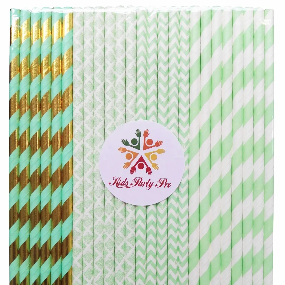 

200pcs Mixed 4 Designs Mint Paper Straws Bulk-Striped,Chevron,Damask,Gold Foil-Vintage Wedding Birthday Party Bridal Baby Shower