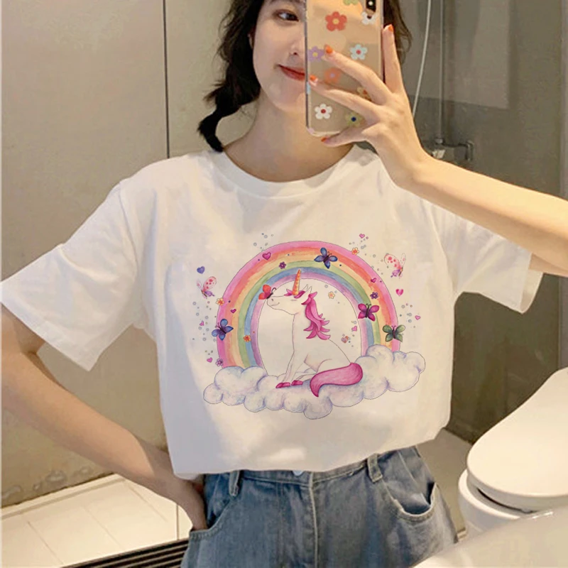 Футболка с единорогом Kawaii Женская Harajuku Ullzang забавная футболка героями