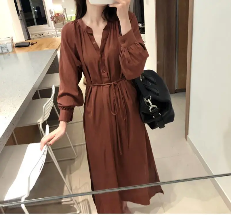 Casual buttons long dress shirt office lady Vintage women dress autumn V neck slim dress
Casual buttons long dress shirt office lady Vintage women dress autumn V neck slim dress