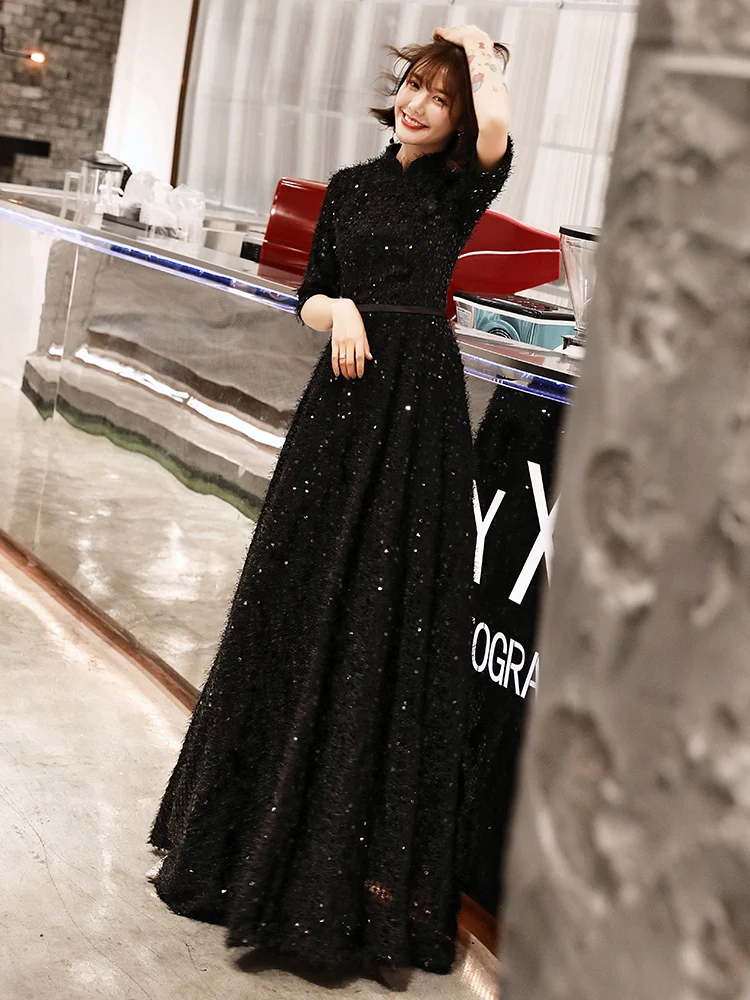 Фото Черное мусульманское кружевное длинное вечернее платье 2019 А силуэта с длинным