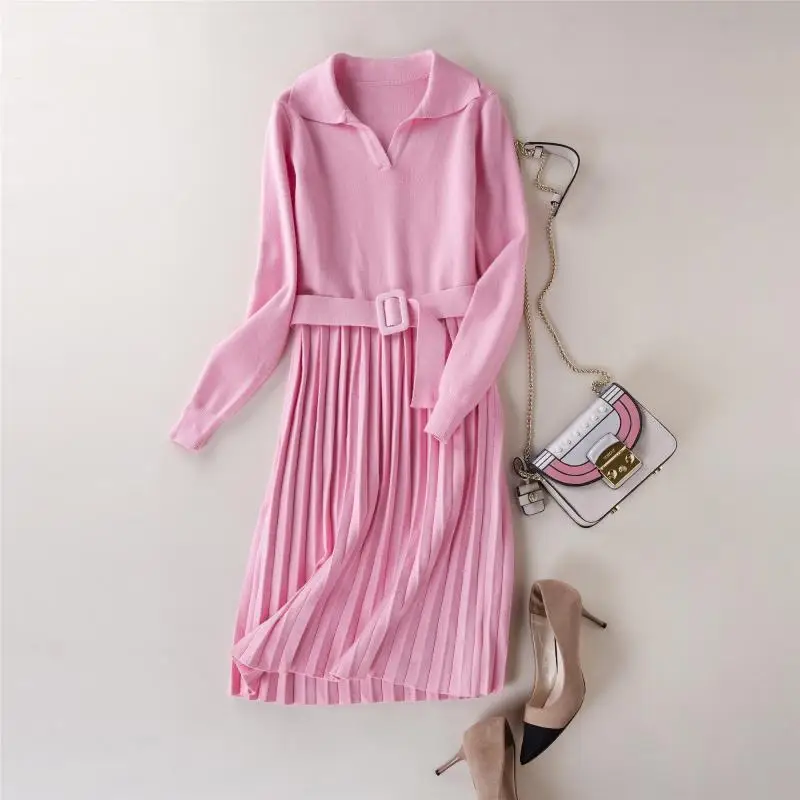 Wool Knitted Dresses Spring Autumn Vintage Sashes Pleated Solid Pink Green V-neck Woman Dress Thick Knitting Temperament Dress
Wool Knitted Dresses Spring Autumn Vintage Sashes Pleated Solid Pink Green V-neck Woman Dress Thick Knitting Temperament Dress