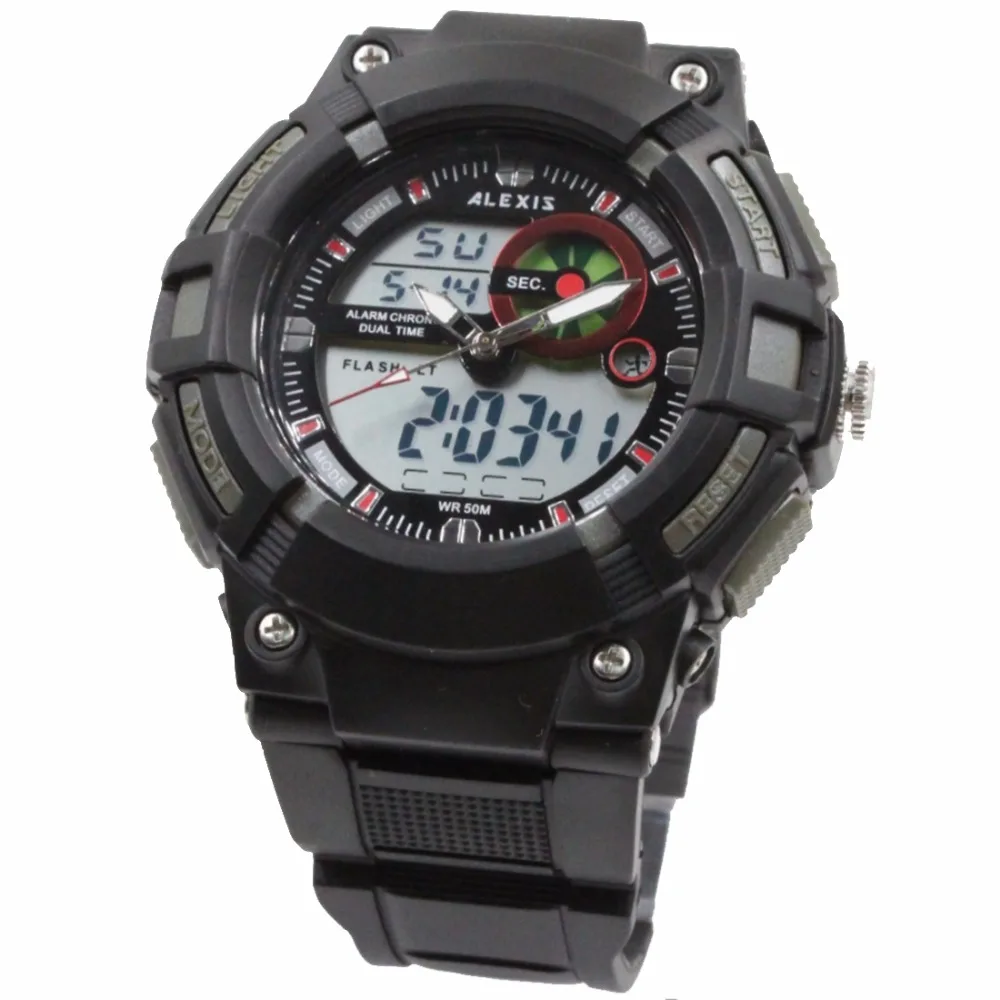 Chronograph Alarm Water Resist Mens ALEXIS Dual Time Analog Digital Watch AW805A
Chronograph Alarm Water Resist Mens ALEXIS Dual Time Analog Digital Watch AW805A