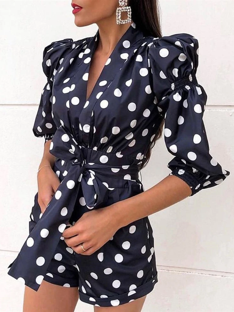 Women Puffed Sleeve Dot Print Knotted Romper 2019 Autumn Elegant Casual Short Jumpsuit Female Office Style Playsuit
Women Puffed Sleeve Dot Print Knotted Romper 2019 Autumn Elegant Casual Short Jumpsuit Female Office Style Playsuit