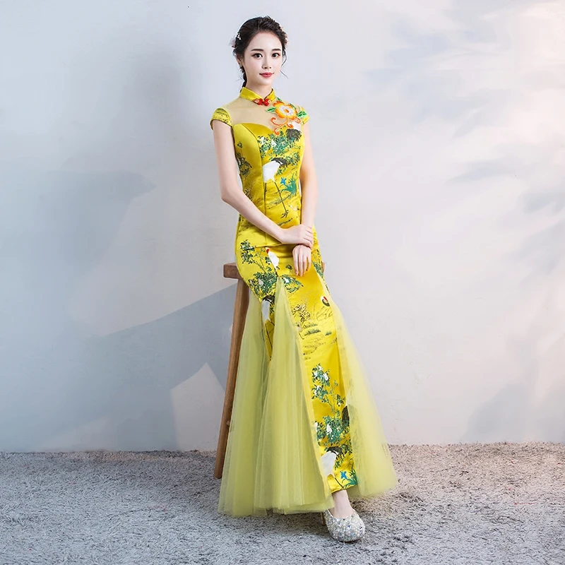 Yellow Chinese Style Womens Wedding Cheongsam Retro Sexy Slim Party Evening Dress Marriage Gown Qipao Fashion Lady Vestido S-3XL |