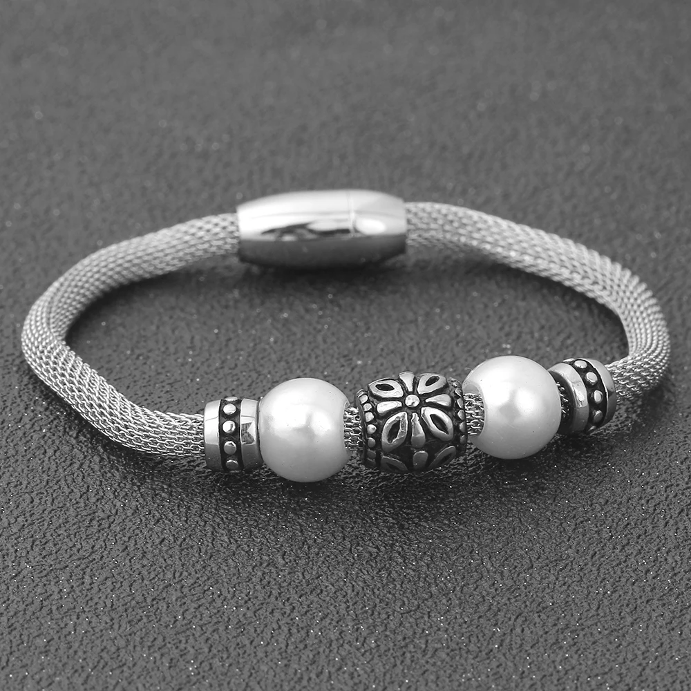 Latest Design Fashion Women Jewelry Bracelets Stainless Steel Chain Mesh Bangle Pearl Bracelet | Украшения и аксессуары