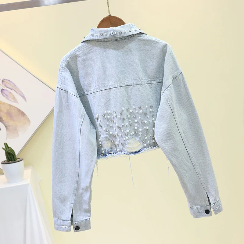 2019 Autumn Denim Coat For Women Loose Beading Jacket Button Hole Cool Cropped Tops Streetwear | Женская одежда