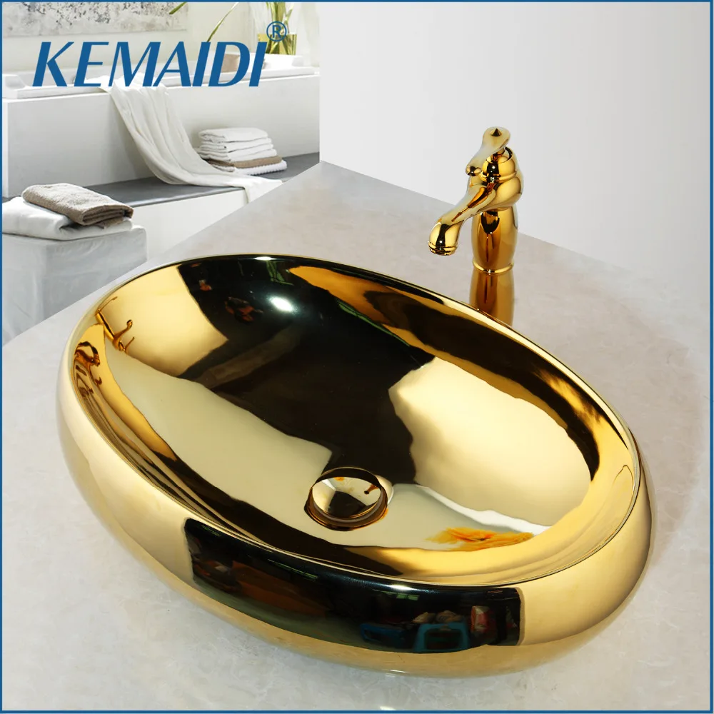 

KEMAIDI Ceramic Basin Sink & Polished Golden Faucet Tap Set Paint Bowl Sinks / Vessel Basins With Washbasin