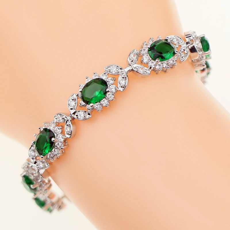 Noble Green Natural Gem Stone White Zircon 925 sterling-silver-jewelry Link Chain Bracelet 19cm For Women Wedding Free Gift Box | Украшения