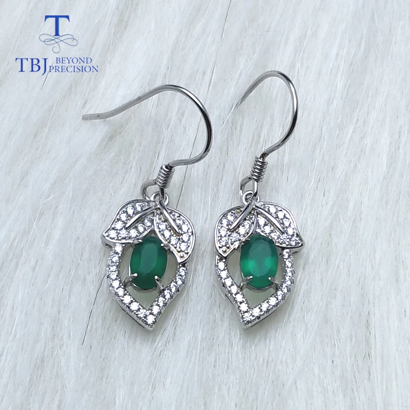 TBJ Natural green agate oval 4*6mm gemstone hook earring in 925 sterling silver leaf shape for women birthday best gift | Украшения и