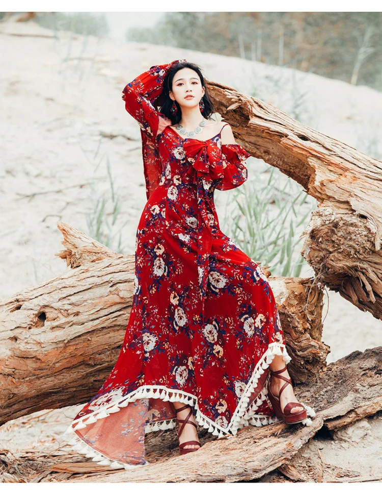 Spring new vintage print strapless chiffon backless dress floral tassel patchwork off the shoulder bohen backless maxi dress
Spring new vintage print strapless chiffon backless dress floral tassel patchwork off the shoulder bohen backless maxi dress