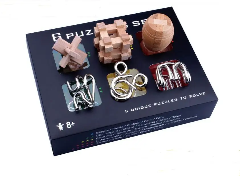 6 in 1 Set Gift Box Wooden Metall Brain Teaser Puzzle Game Entanglement Wire Puzzles Toy for Adults Kids
6 in 1 Set Gift Box Wooden Metall Brain Teaser Puzzle Game Entanglement Wire Puzzles Toy for Adults Kids