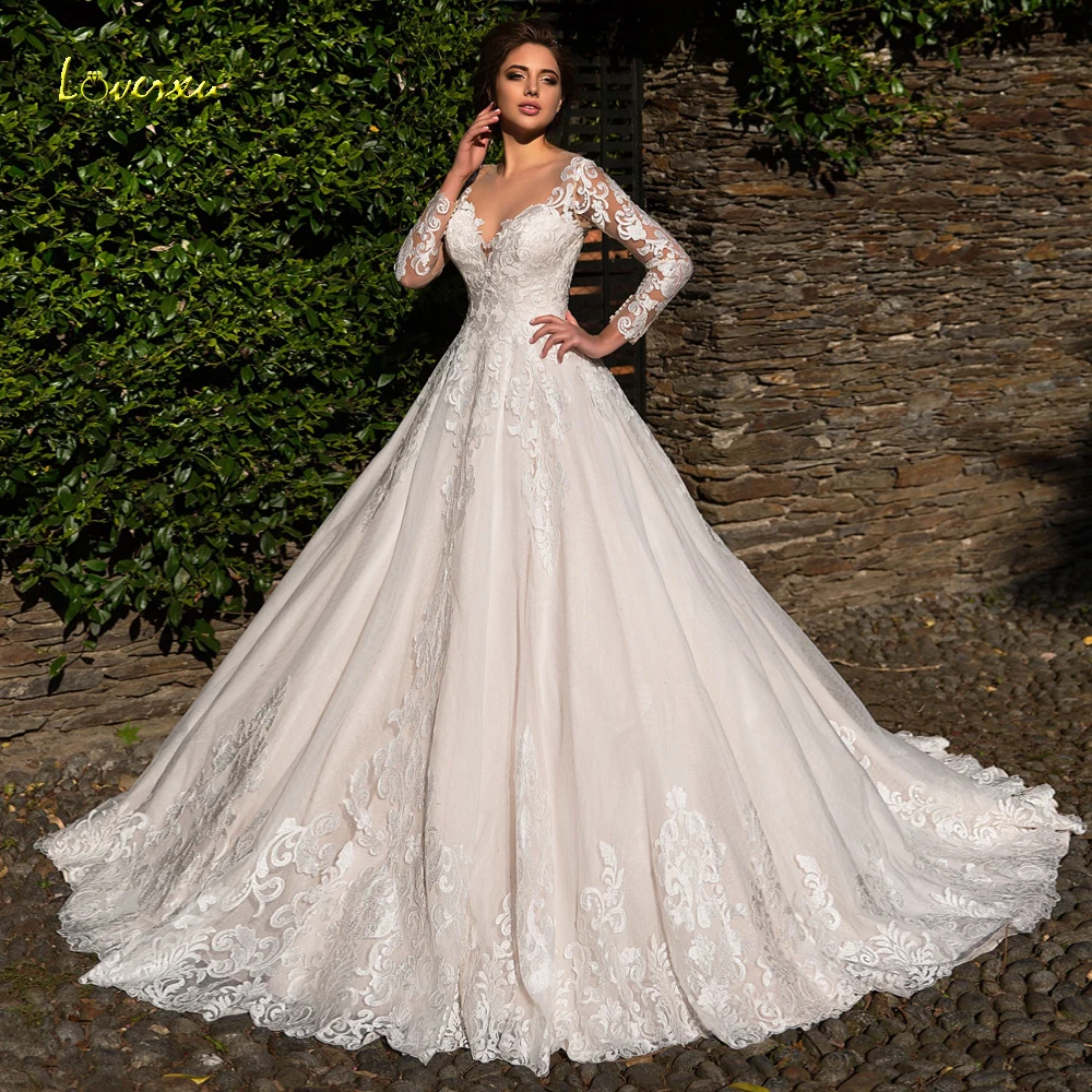Фото Винтажное свадебное платье Loverxu с длинным рукавом 2019 элегантное кружевное