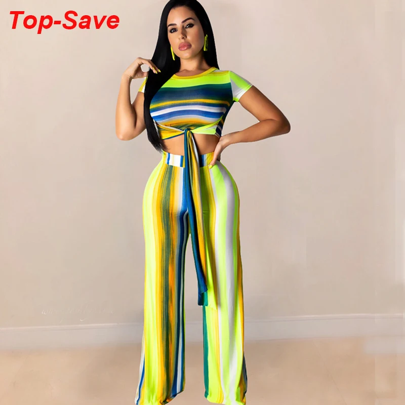 2019 New Arrival Summer Striped Elegant 2 Piece Outfits For Women Tracksuit Sports Suit Belt Fitness Two Set Top And Pants | Женская