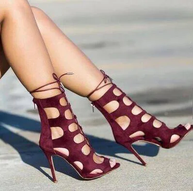 

Post Free sexy beautiful burgundy suede cross lacing, zippers, high-top, 11 cm high-heeled sandals. Size: 35-43