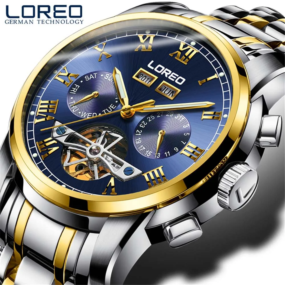 

LOREO Full Calendar Tourbillon Mechanical Mens Watches Top Brand Luxury Sapphire Wrist Watch erkek kol saati Montre Homme 2018