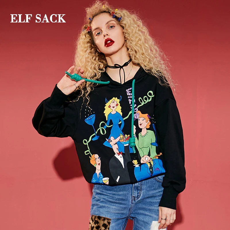 ELF SACK New Woman Sweatshirts Casual Cotton Print Full Oversized Hoodies Women Pullovers Femme Sudadera Female Tops | Женская одежда