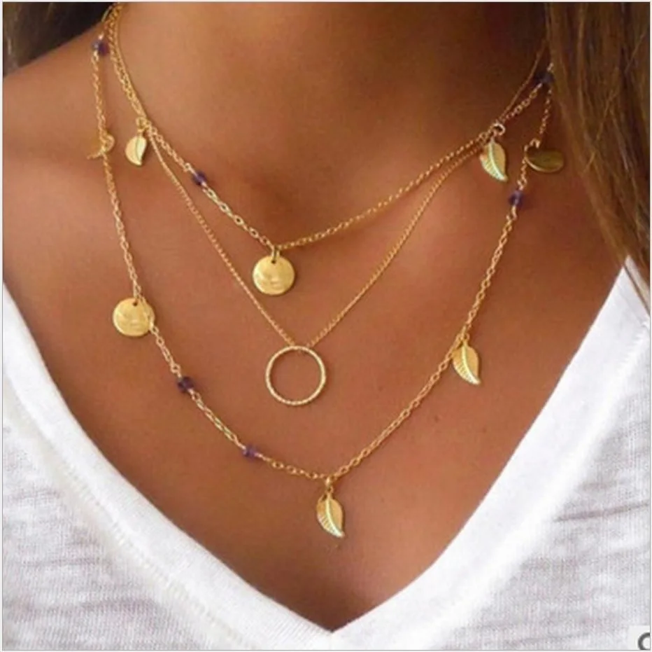 Three layers Leaves Feather circle Disc tube Pendant purple bead Silver color gold color Metal plated Chain Women Necklace
Three layers Leaves Feather circle Disc tube Pendant purple bead Silver color gold color Metal plated Chain Women Necklace