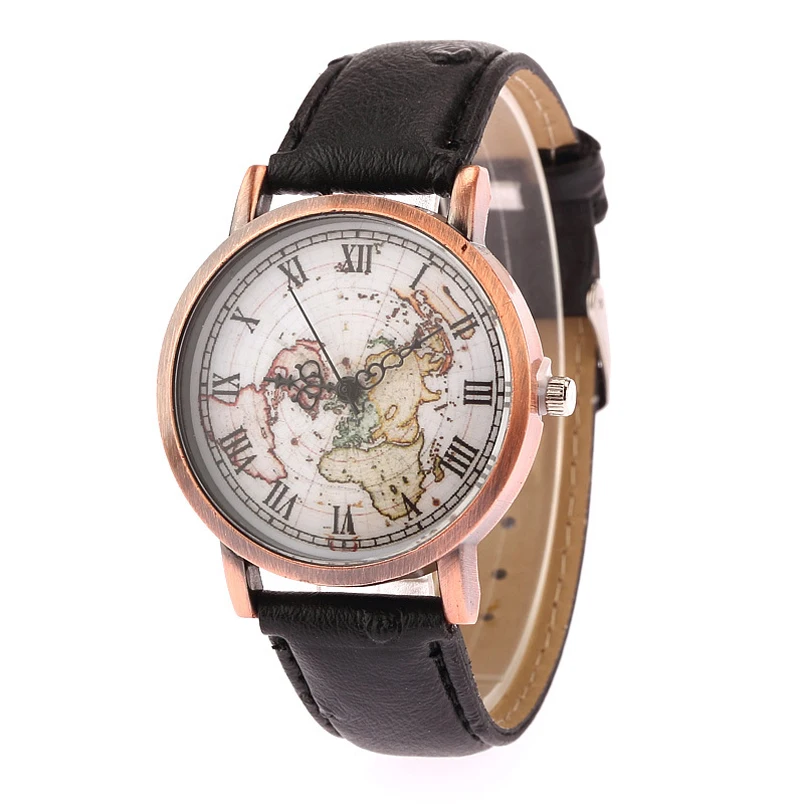 Кварцевые наручные часы с римскими цифрами и картой мира в стиле ретро мужские