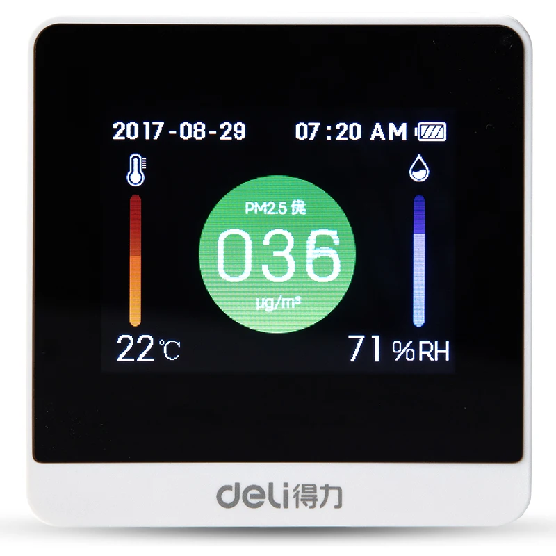 Deli 8805 PM2.5 тестер качества воздуха TFT дисплей Электрический измеритель температуры и влажности термометр и гигрометр с датой/временем
Deli 8805 PM2.5 тестер качества воздуха TFT дисплей Электрический измеритель температуры и влажности термометр и гигрометр с датой/временем
