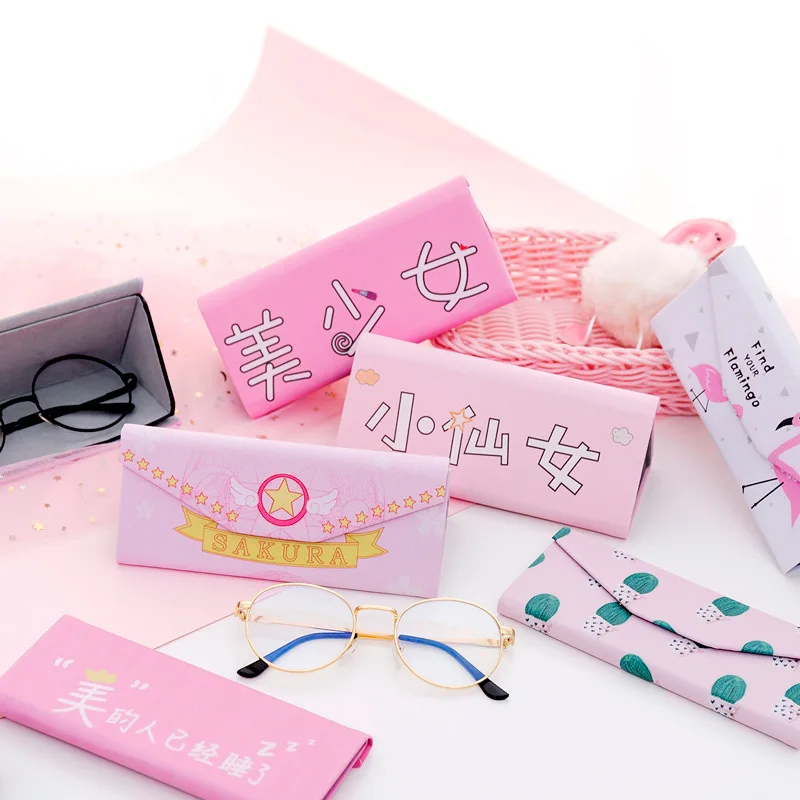 1PCS Fashion Creative Flamingo Unicorns PU Folding Glasses Box Portable Storage Tool Utility School Office Supplies | Канцтовары для