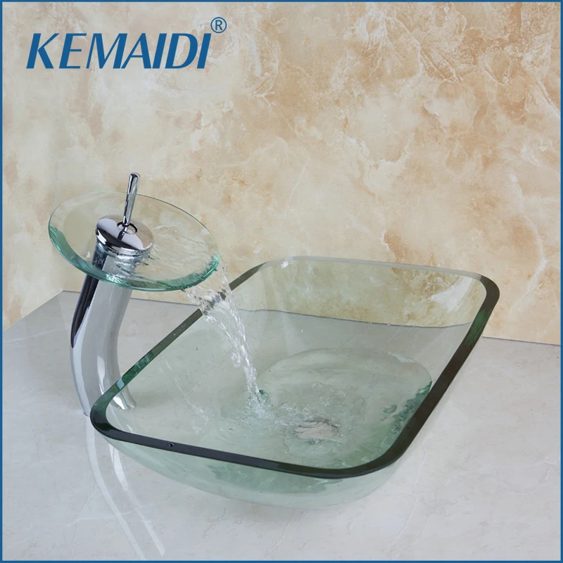 

KEMAIDI Bathroom Basin Art Square Washbasin Clear Tempered Glass Vessel Sink With Waterfall Chrome Faucet Set With Pop Up Drain