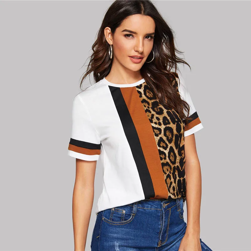 White Color Block Cut-and-Sew Leopard Panel Top Short Sleeve O-Neck Casual T Shirt Women 2019 Summer Leisure Tshirt Tops
White Color Block Cut-and-Sew Leopard Panel Top Short Sleeve O-Neck Casual T Shirt Women 2019 Summer Leisure Tshirt Tops