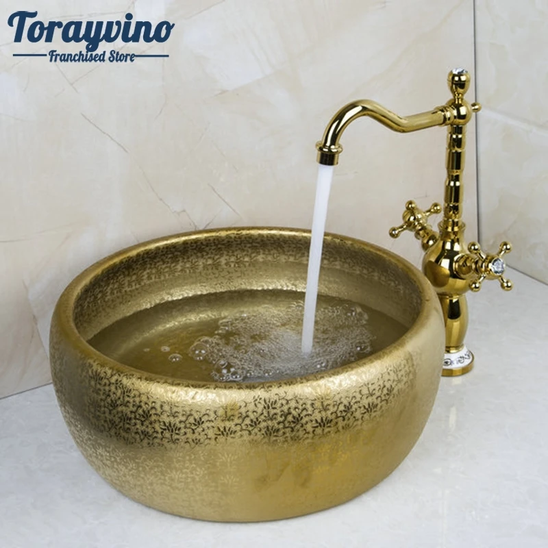 

Double Handle Faucet Round Paint Golden Bowl Sinks / Vessel Basins Washbasin Ceramic Basin Sink & Faucet Tap Set 46049836