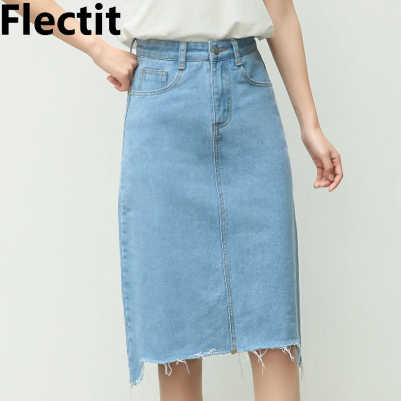 Flectit 2019 сезон: весна лето потертые джинсовая юбка для женщин джинсы Юбка До Колена