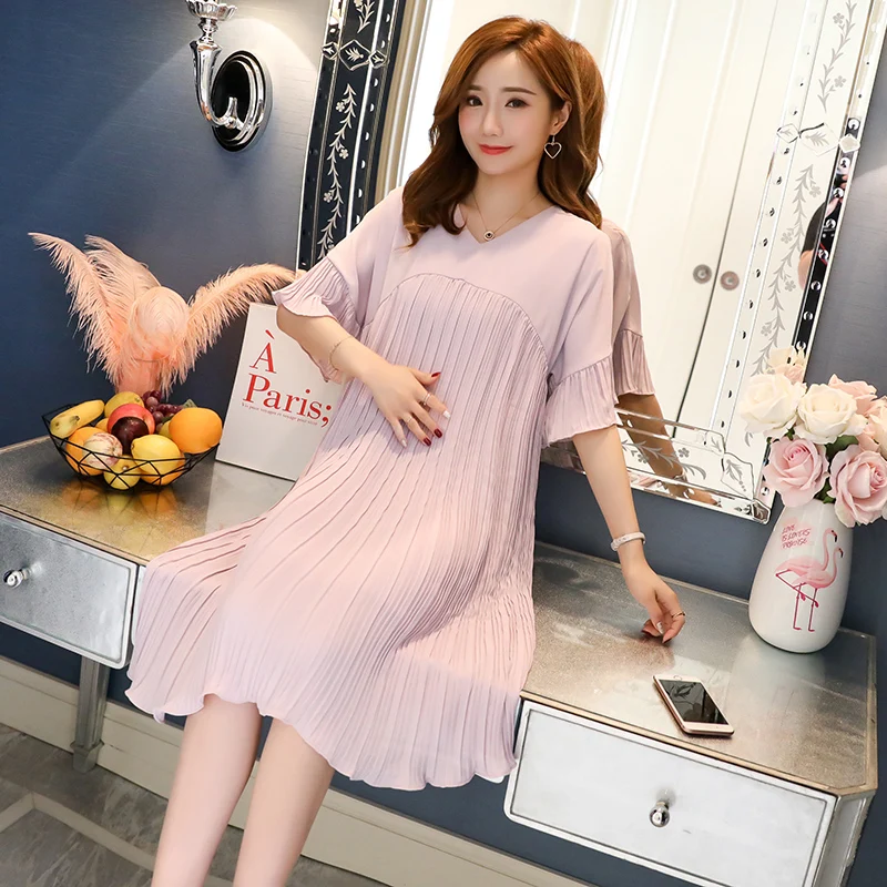 5305# 3XL V Neck Pleated Chiffon Maternity Dress 2019 Summer Korean Fashion Loose Clothes for Pregnant Women Pregnancy Clothing | Мать и