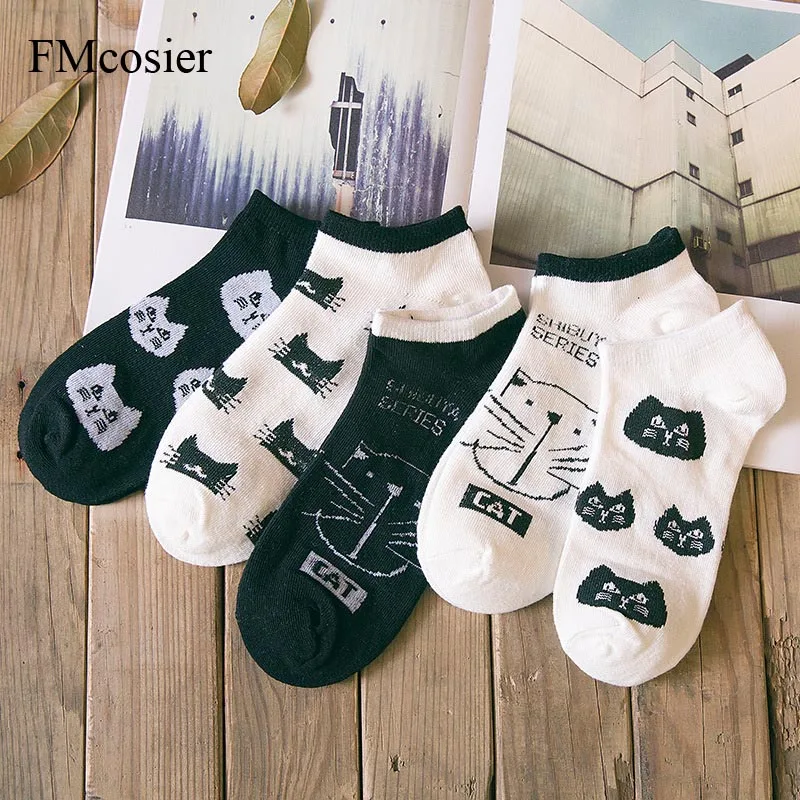 

5 Pairs Summer Women Ladies Girls Cute Cotton Cartoon Cat low Boat Short Slipper Socks Invisible No Show Socks Non-slip Meia Sox