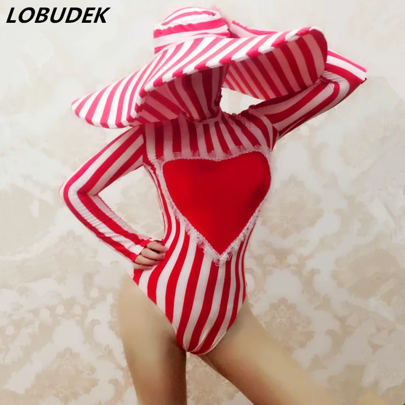 Festival Bar Party Female Show Stage Outfit Red White Stripe Mask Bodysuit Big Hat Sexy Costume Nightclub Dance Performance Wear
Festival Bar Party Female Show Stage Outfit Red White Stripe Mask Bodysuit Big Hat Sexy Costume Nightclub Dance Performance Wear