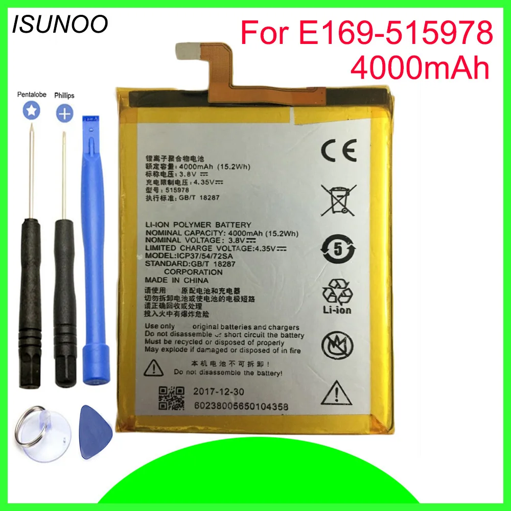 ISUNOO For ZTE Blade A452 Mobile Phone Battery 4000mAh E169-515978 For ZTE Blade X3 D2 A452 Q519T With Repair Tools
ISUNOO For ZTE Blade A452 Mobile Phone Battery 4000mAh E169-515978 For ZTE Blade X3 D2 A452 Q519T With Repair Tools