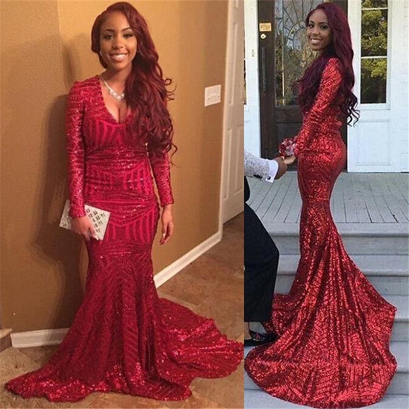 Red Sequined Mermaid Prom Dresses New Spakly Black Girl Long Sleeve Sweep Women V Neck Formal Evening Party Gowns
Red Sequined Mermaid Prom Dresses New Spakly Black Girl Long Sleeve Sweep Women V Neck Formal Evening Party Gowns