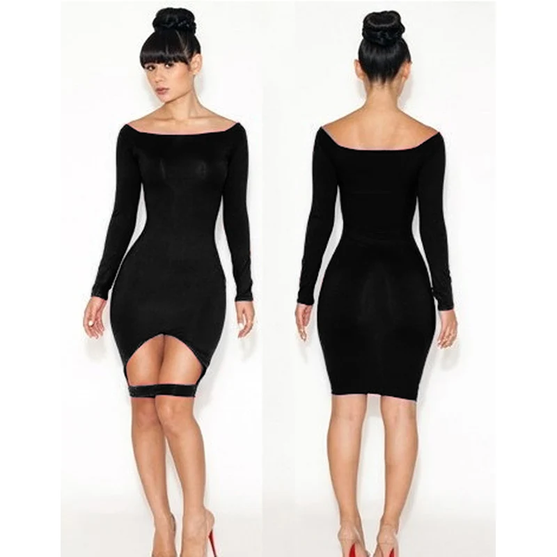 Женское летнее черное платье-футляр средней длины с открытыми плечами и длинным рукавом 
Женское летнее черное платье-футляр средней длины с открытыми плечами и длинным рукавом