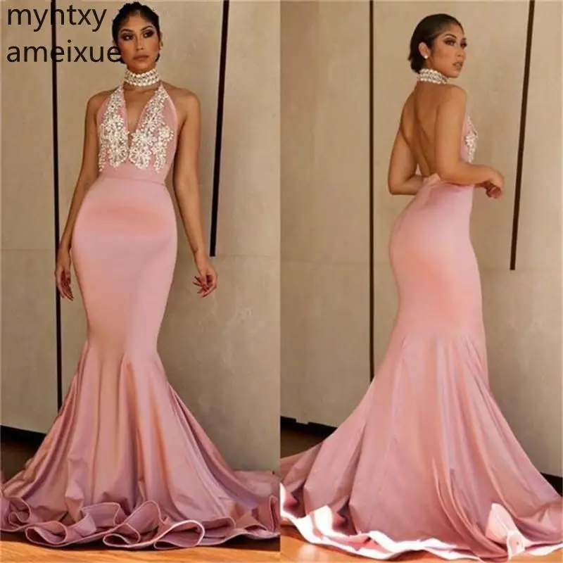 Sexy New Pink Halter Sleeveless Floor-Length Evening Dresses Mermaid Backless Lace Applique Pearl Beaded Satinopen Back Party
Sexy New Pink Halter Sleeveless Floor-Length Evening Dresses Mermaid Backless Lace Applique Pearl Beaded Satinopen Back Party