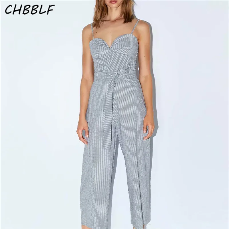 

CHBBLF women V neck jumpsuits bow tie sashes back zipper sleeveless female casual striped overalls playsuits XDN8892