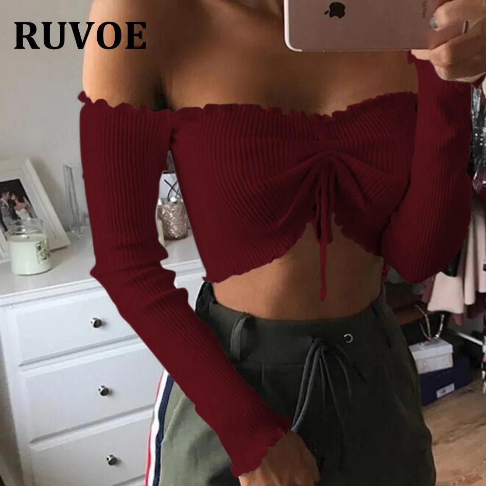 Sexy ruffle knitting off shoulder top tee Fashion lace up crop top female Streetwear slim elastic cropped top women
Sexy ruffle knitting off shoulder top tee Fashion lace up crop top female Streetwear slim elastic cropped top women