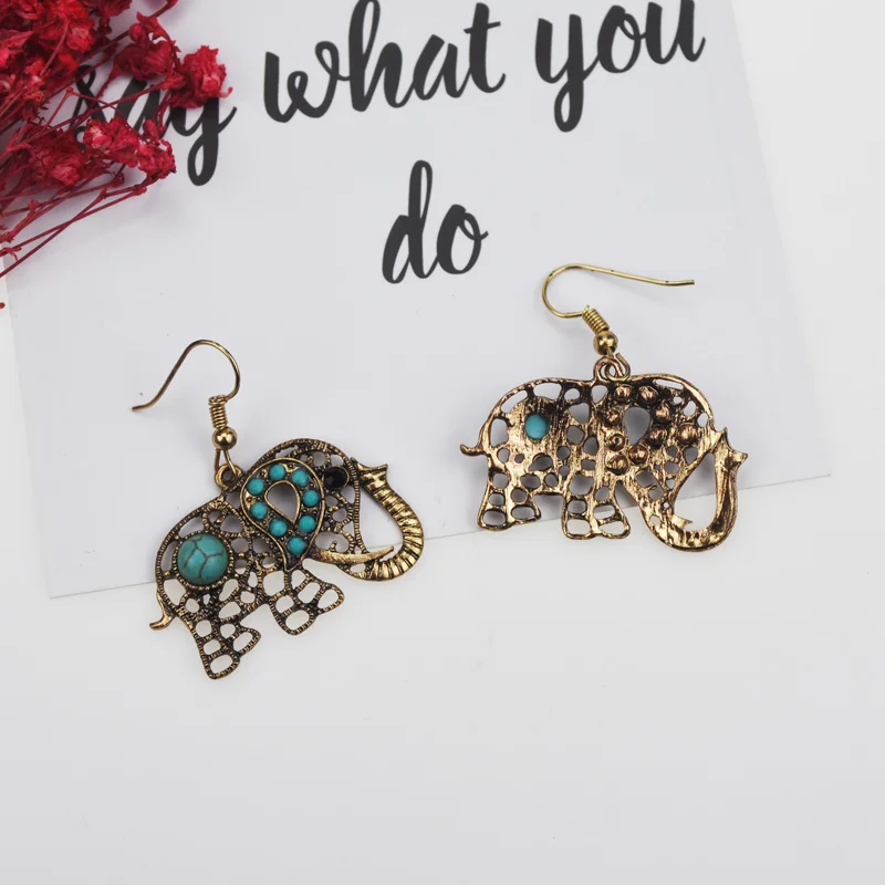 Vintage Gold Color Alloy Elephant Shape Antique Silver Plated Earrings Green Natural Stone Bohemia Boho For Women | Украшения и
