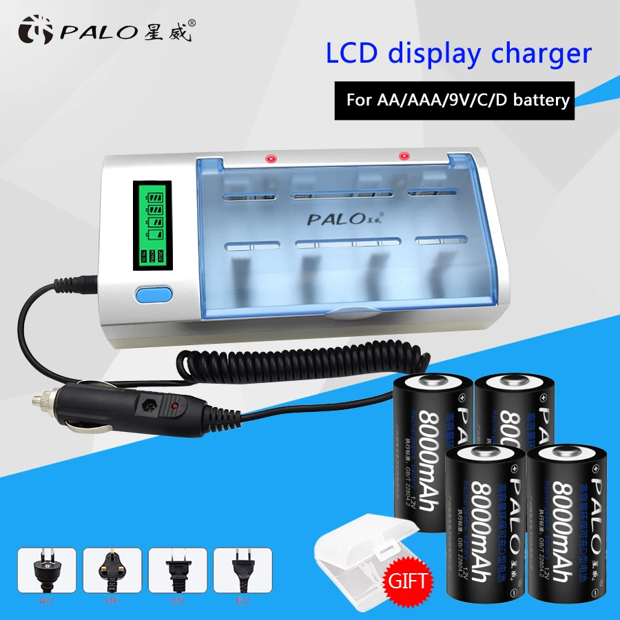 PALO Smart Intelligent LCD Battery Charger For 1.2V NIMH NICD AA/AAA/SC/C/D/9V Battery+4pcs D size Rechargeable Batteries
PALO Smart Intelligent LCD Battery Charger For 1.2V NIMH NICD AA/AAA/SC/C/D/9V Battery+4pcs D size Rechargeable Batteries
