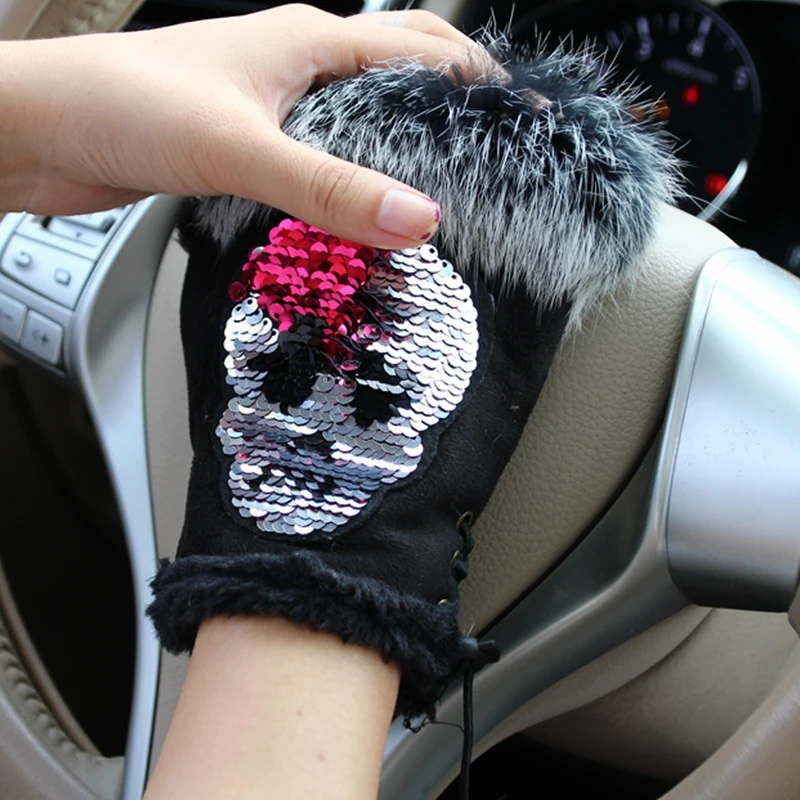 Волшебные модные зимние перчатки женские Серебристые из кроличьего меха с
