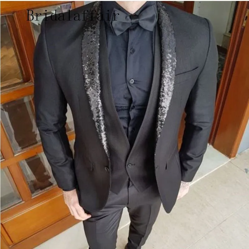 Элегантный дизайн Bridalaffair 2019 черные мужские костюмы с отворотами и блестками