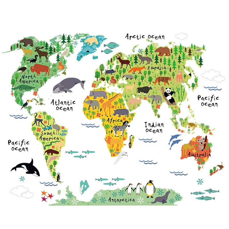 Цветная виниловая настенная наклейка с картой мира в виде животных для детской