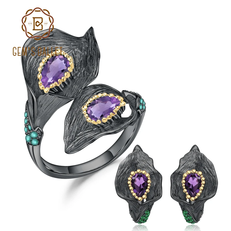 GEM'S BALLET 2.5Ct Natural Amethys Ring Earrings Jewelry Sets 925 Sterling Silver Handmade Callalily Leaf Jewelry Set For Women
GEM'S BALLET 2.5Ct Natural Amethys Ring Earrings Jewelry Sets 925 Sterling Silver Handmade Callalily Leaf Jewelry Set For Women