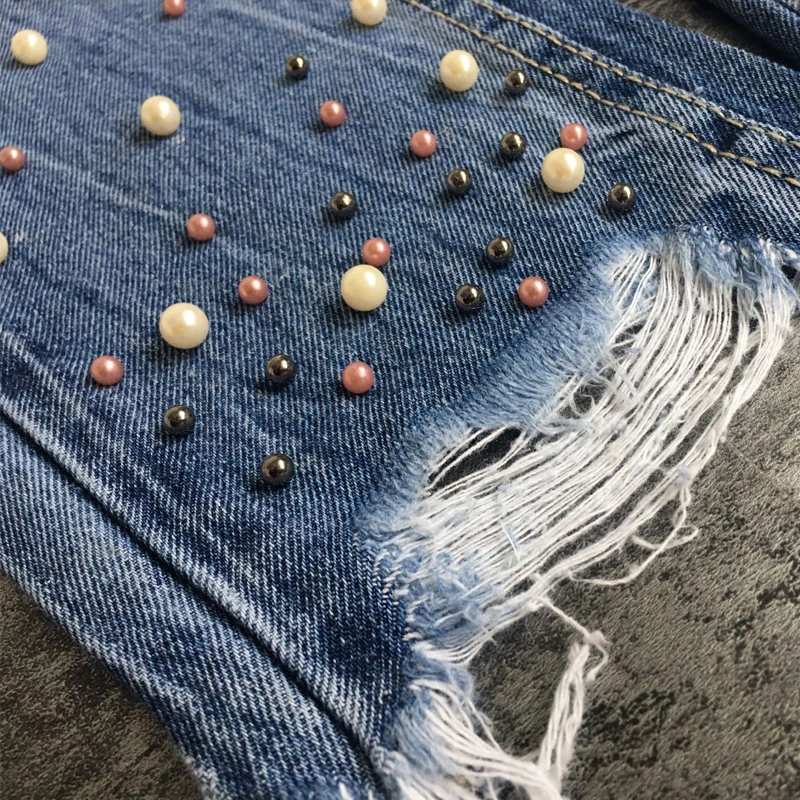 CamKemsey Fringe Tassel Ripped Jeans For Women Spring Autumn High Waist Pearl Beaded Frayed Woman Blue Denim Pants | Женская одежда