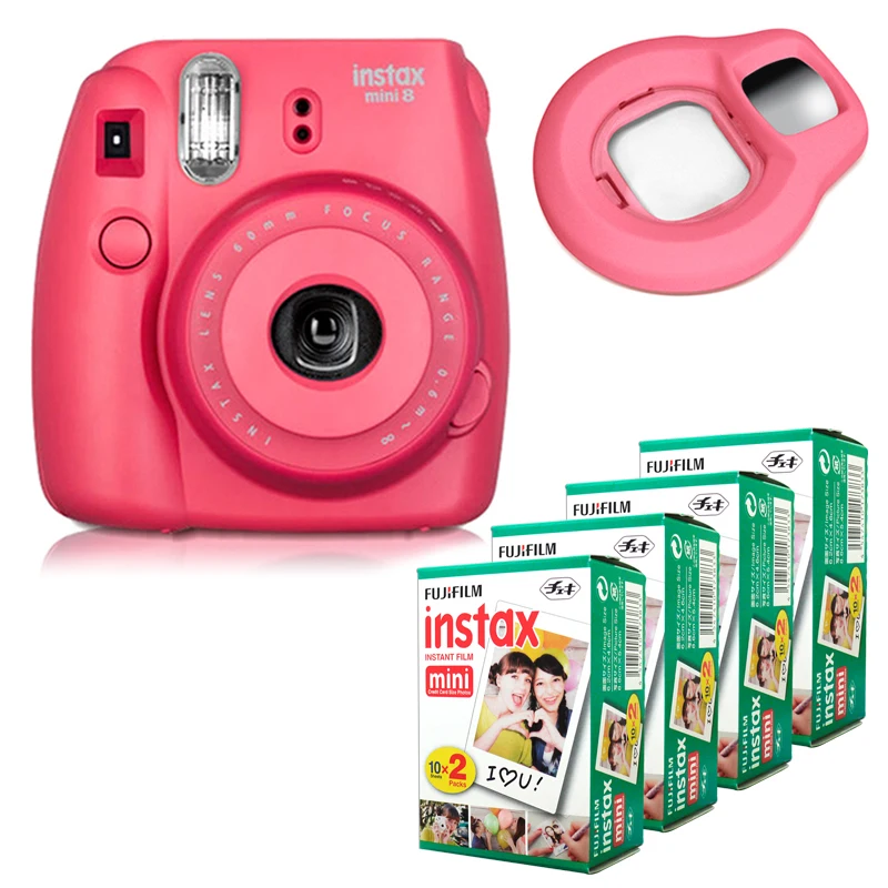 Fujifilm Instax Mini 8 Instant Camera Raspberry + Fuji White Edge 80 Film Close up Lens Raspberry| |